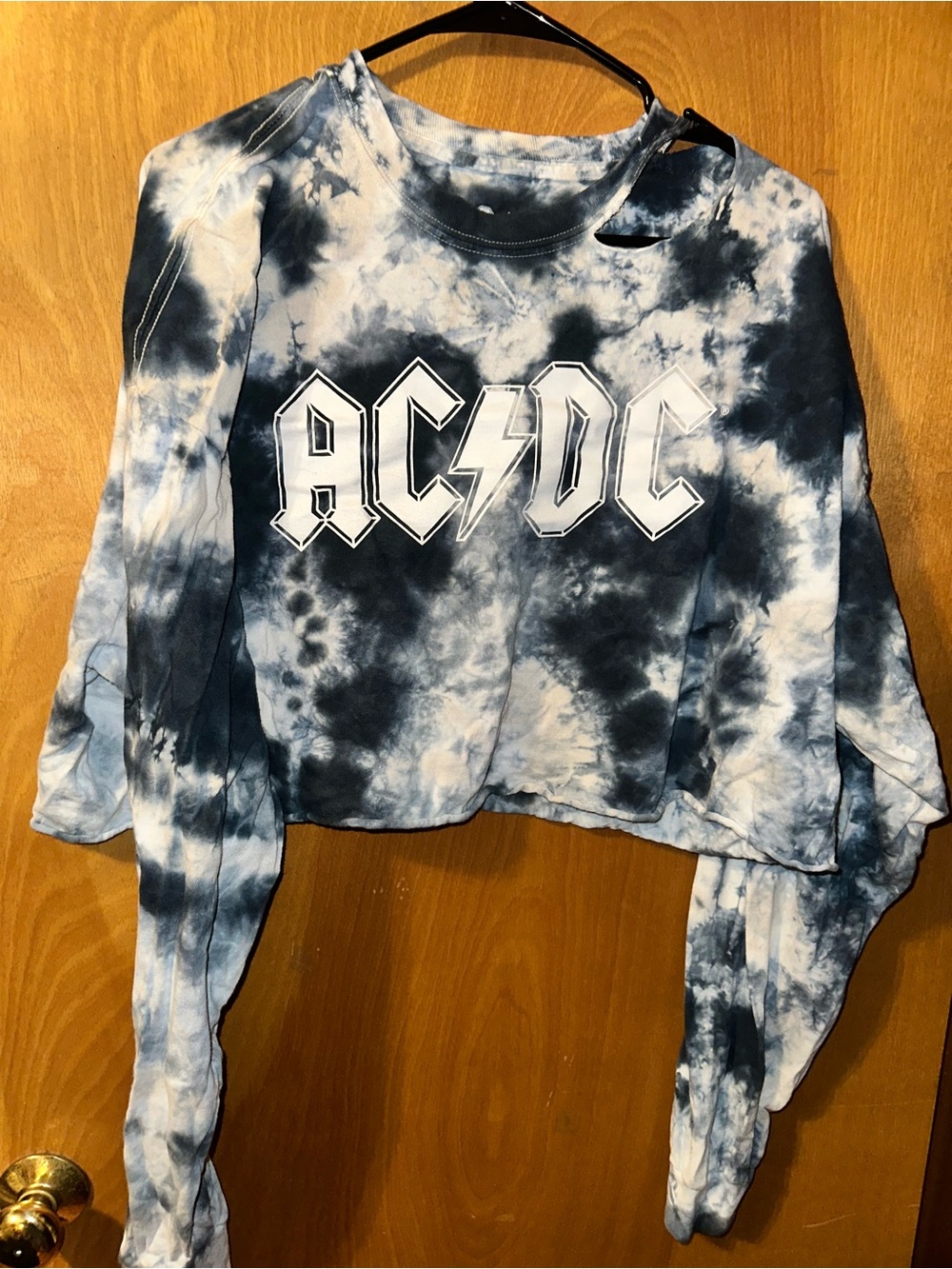 AC/DC blue and white tie-dye cropped long-sleeve graphic shirt